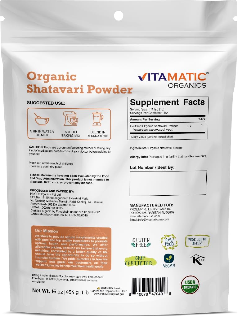 Vitamatic Certified USDA Organic Shatavari Powder